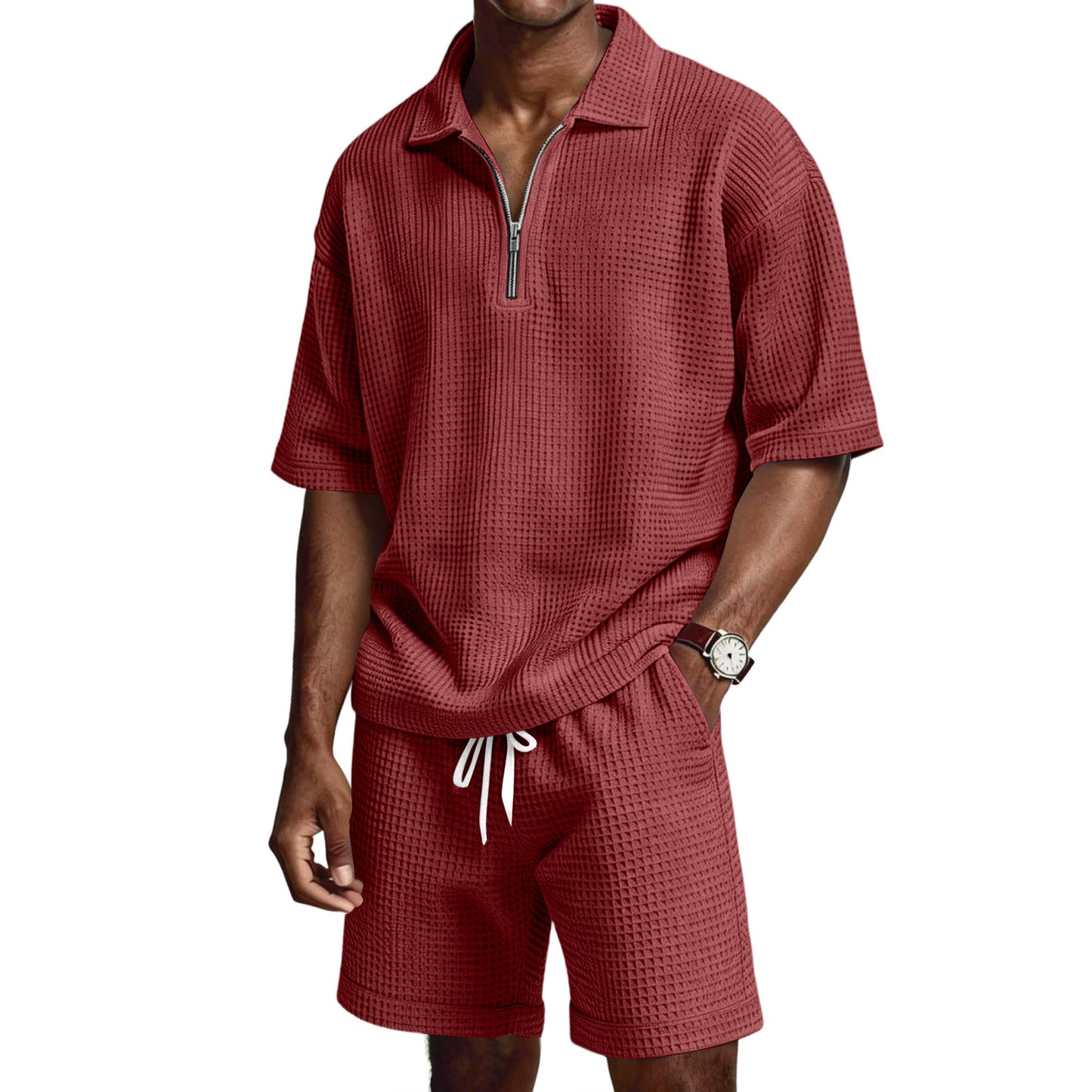 Men's Zip-Up Short-Sleeve Shorts Set