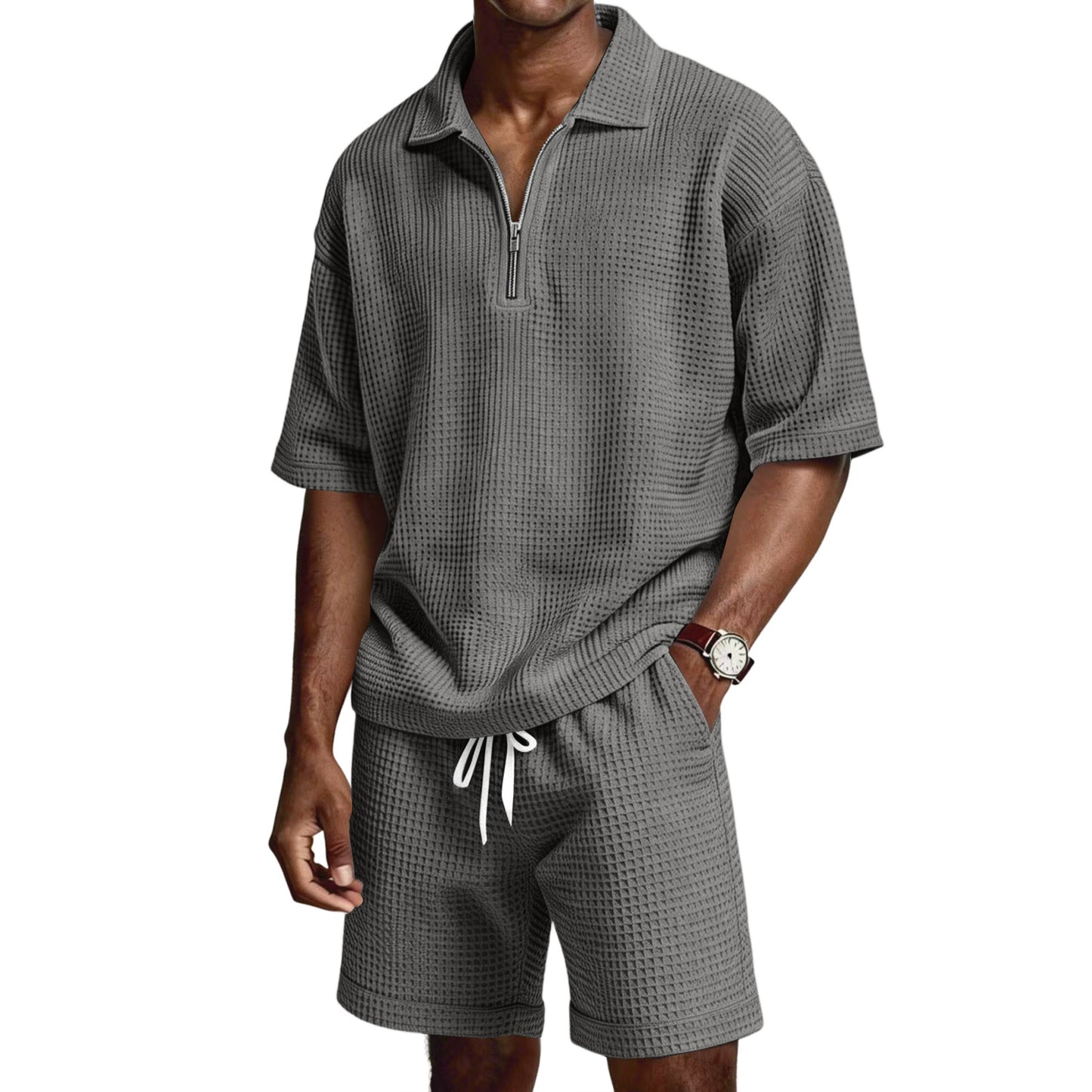 Men's Zip-Up Short-Sleeve Shorts Set