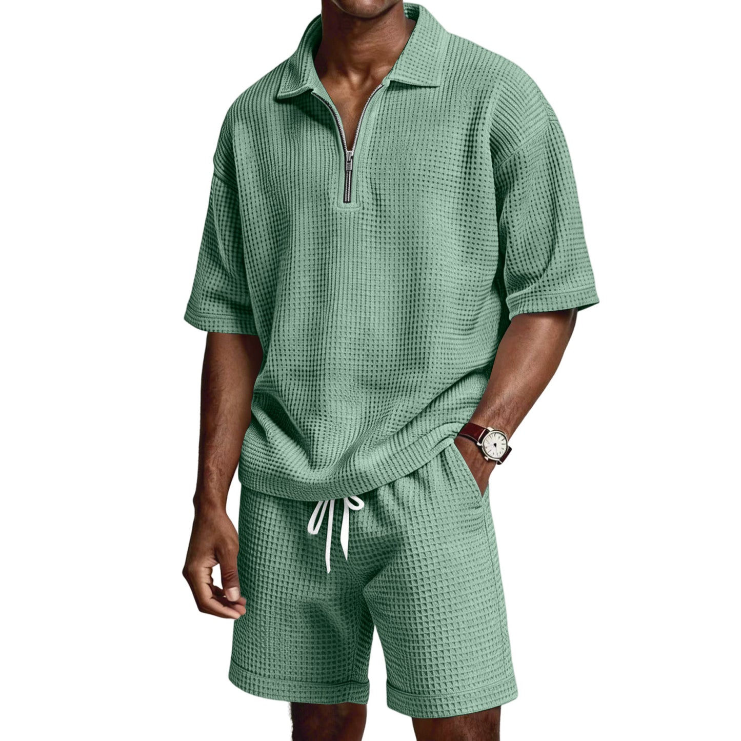 Men's Zip-Up Short-Sleeve Shorts Set