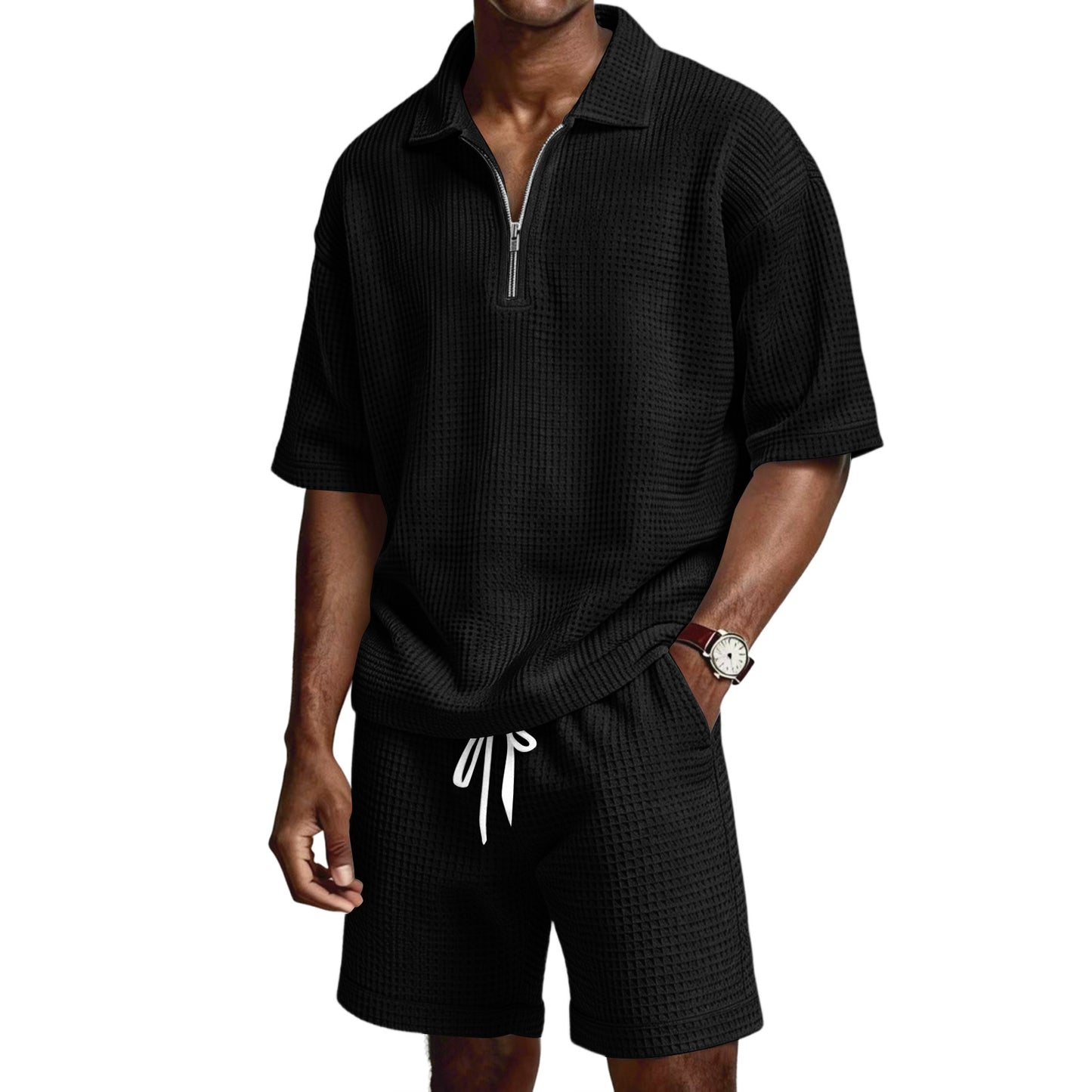 Men's Zip-Up Short-Sleeve Shorts Set