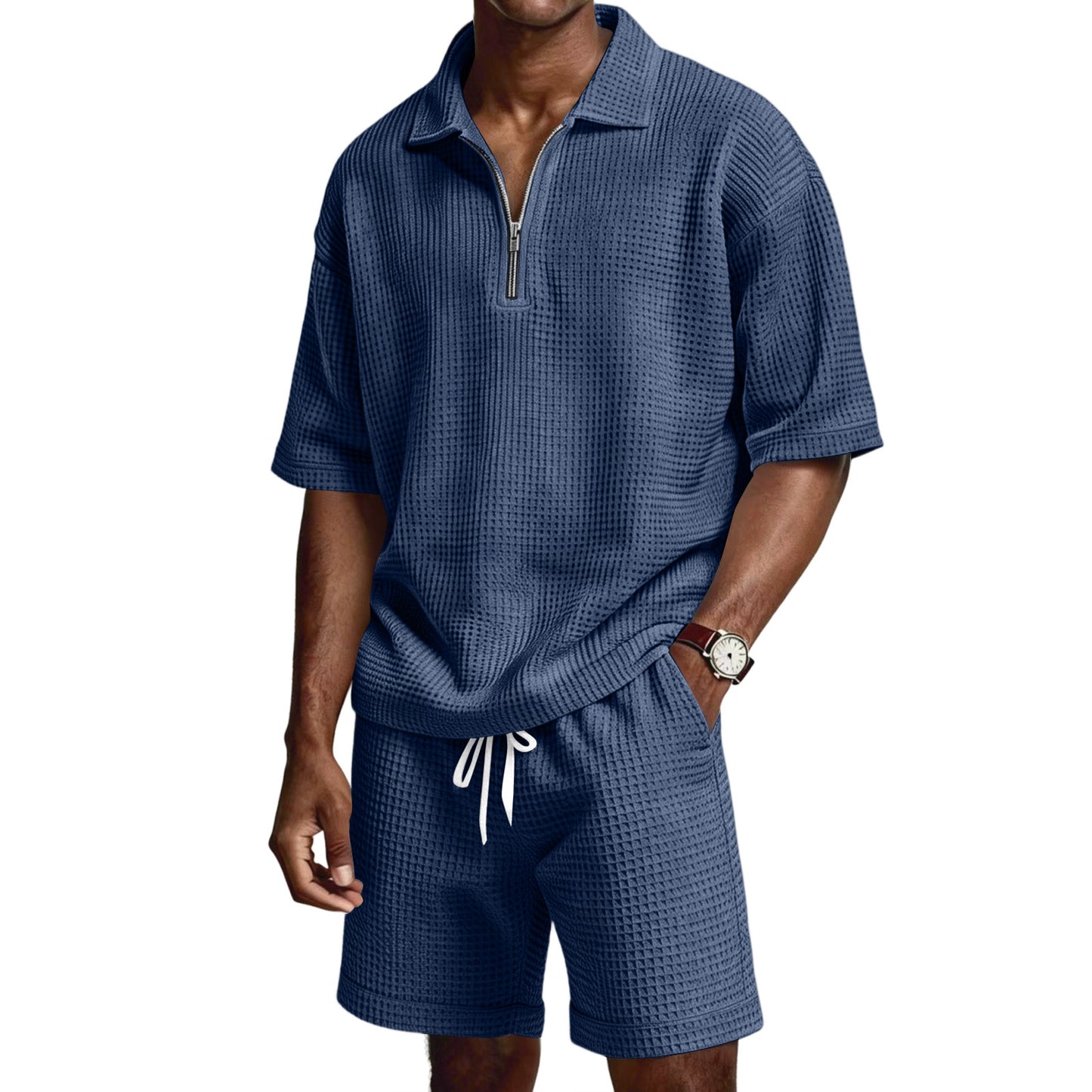 Men's Zip-Up Short-Sleeve Shorts Set