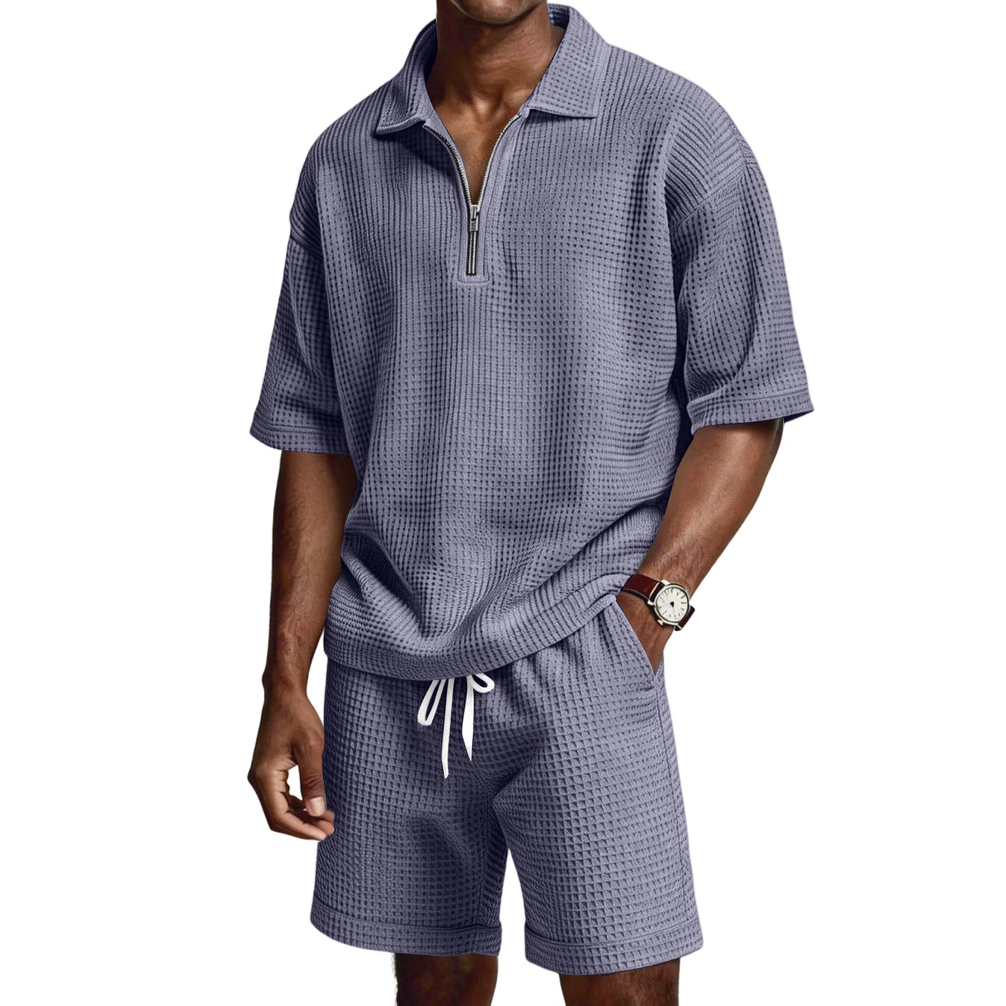 Men's Zip-Up Short-Sleeve Shorts Set