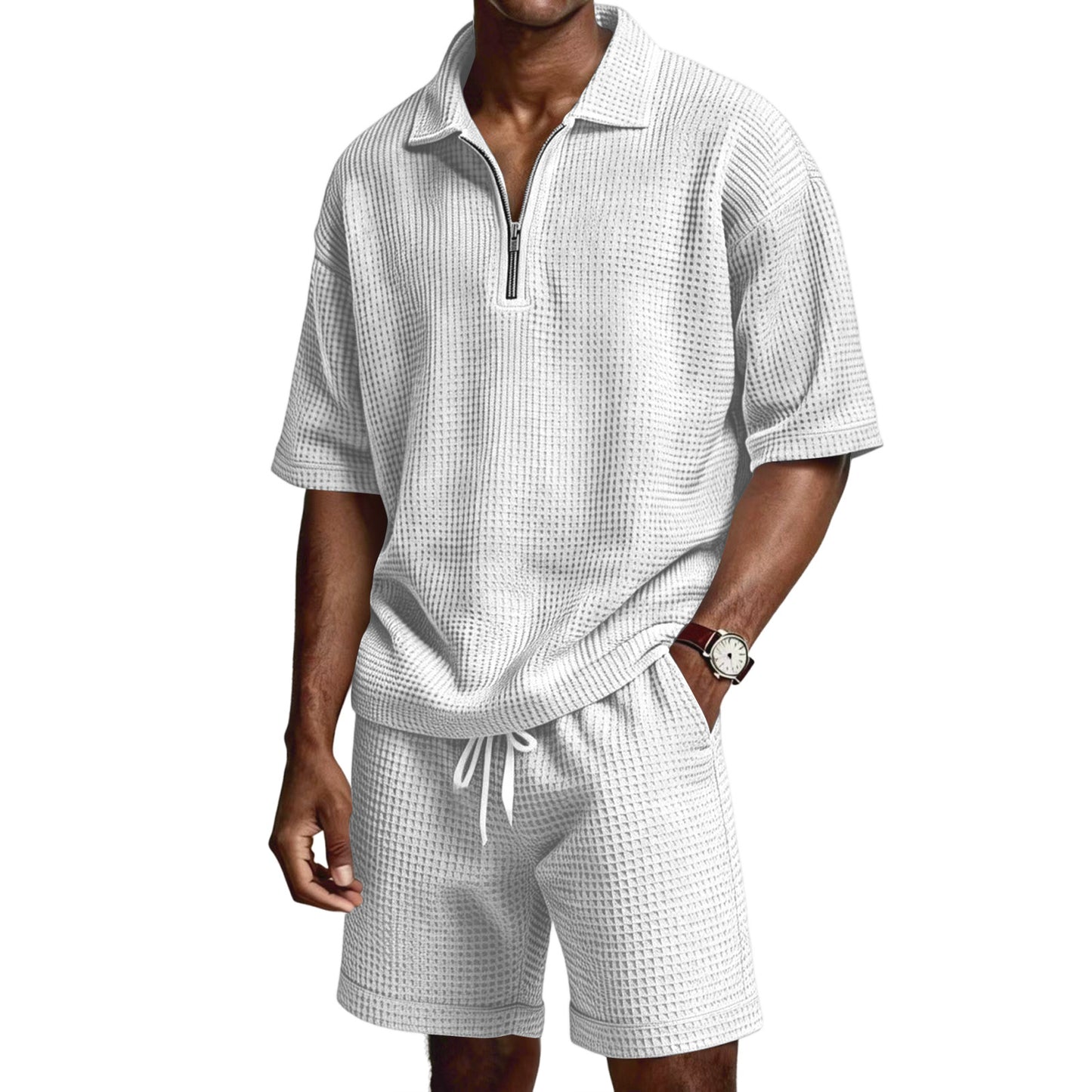 Men's Zip-Up Short-Sleeve Shorts Set