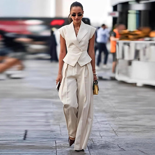 Beige Elegant Sleeveless Waist-Cinching Suit Set