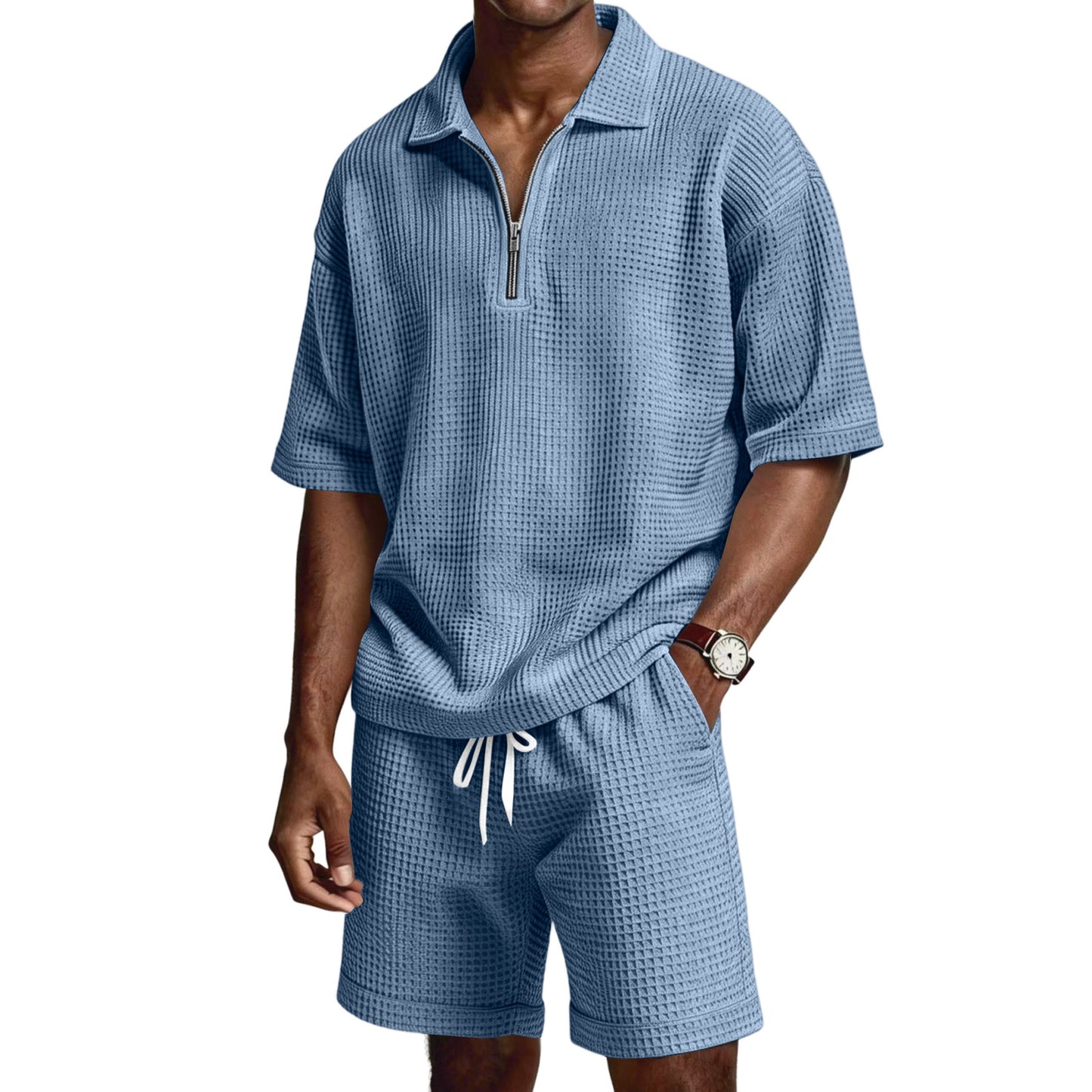 Men's Zip-Up Short-Sleeve Shorts Set