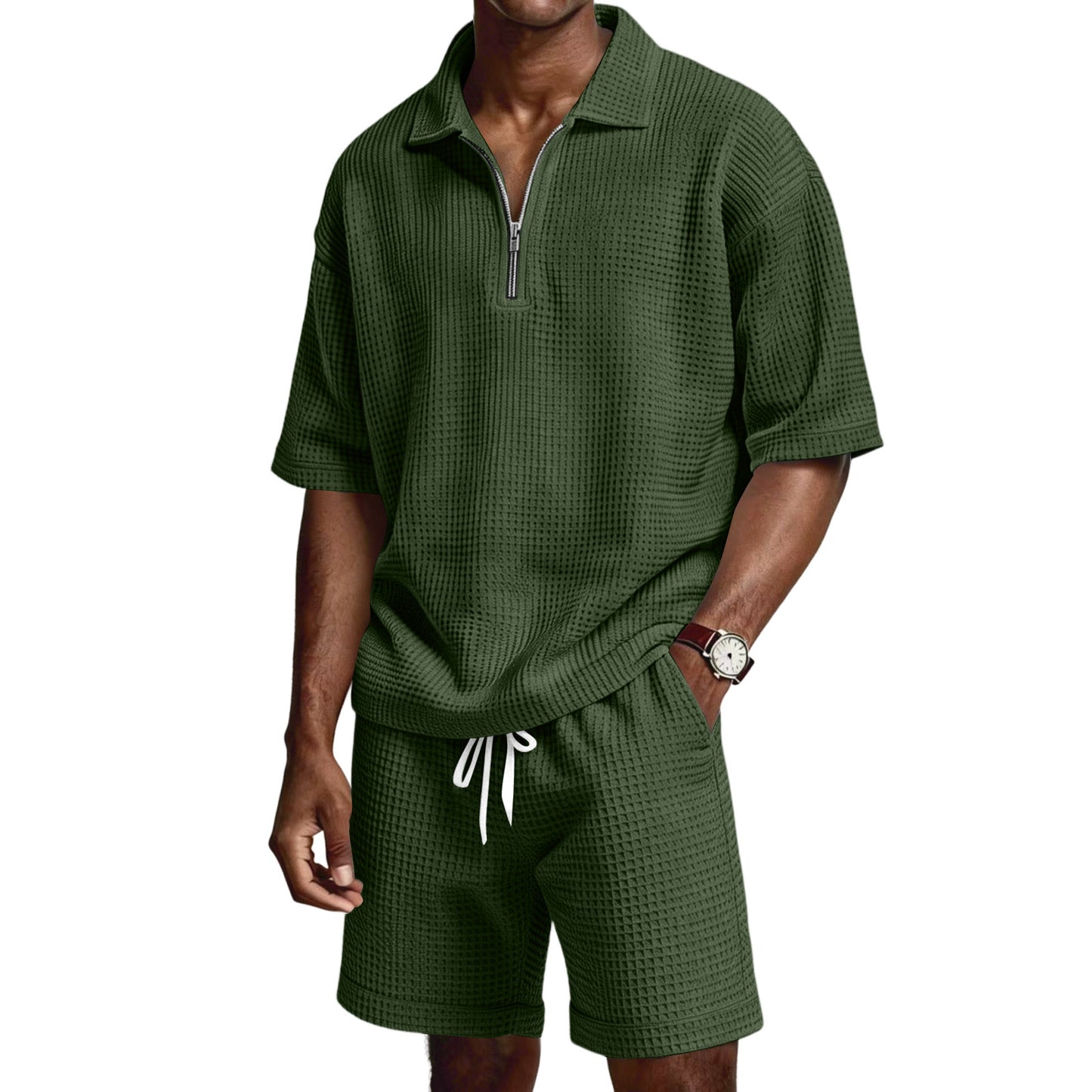 Men's Zip-Up Short-Sleeve Shorts Set