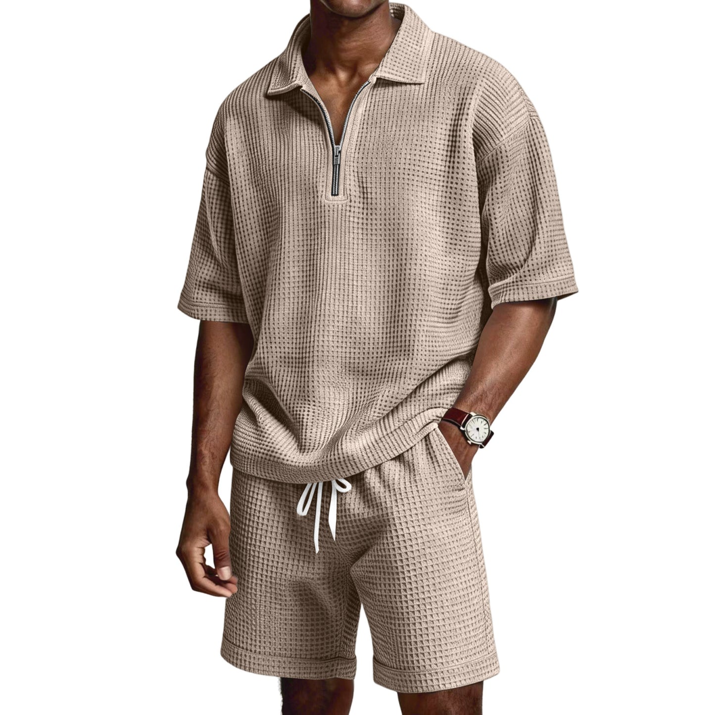 Men's Zip-Up Short-Sleeve Shorts Set